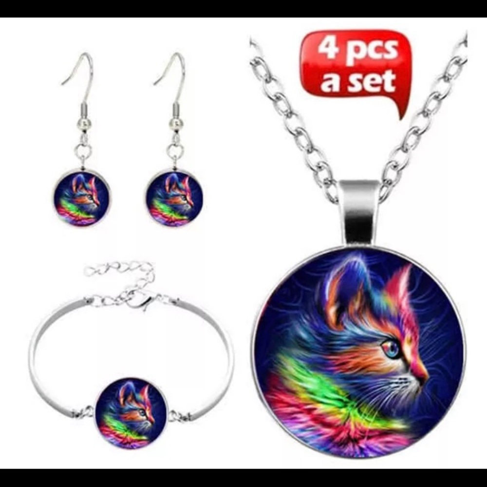 3/$40 4pc Multicolor Cat Cabochon Glass Pendant Set